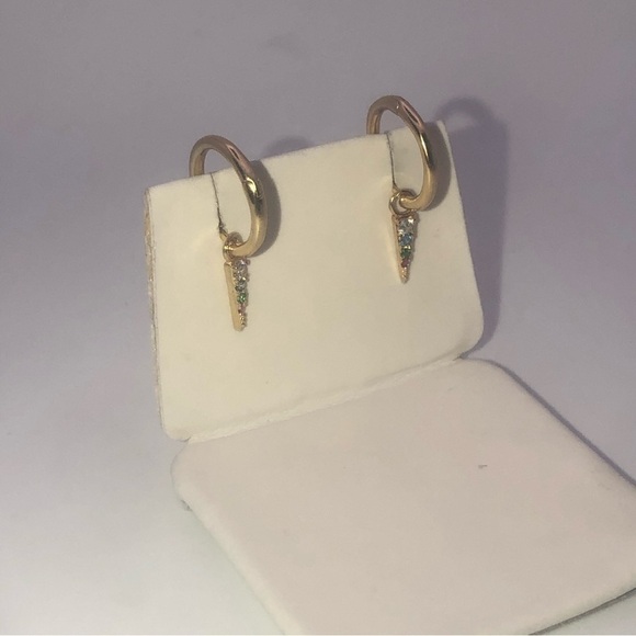 STERLING Silver Gold Tone Mini Huggie Hoop Earrings w Triangle Cz Drop .5” + .4” - Picture 2 of 6